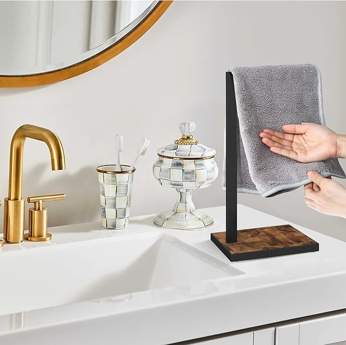 Hand Towel Holder for Bathroom, Hand Towel Stand with Wood Base, L-Shape Hand Towel Rack Height 13.85'' for Vanity Countertop, Kitchen Counter, (Rustic Brown-Square Base-L Shape)