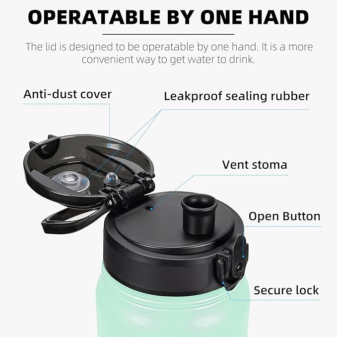Fanhaw 32 oz Insulated Stainless Steel Water Bottle with Anti-Dust Chug Lid, Leakproof Vacuum Sports Bottle for Men & Women (Green Pink)