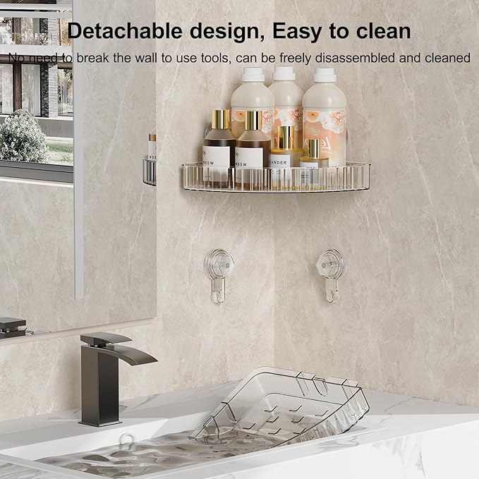 Corner Shower Caddy Suction Cup Bathroom Shower Organizer for Bathroom Storage Home Decor & Kitchen No Drilling Capacity Removable and Reusable Shower Shelves for Inside. (clear, corner)