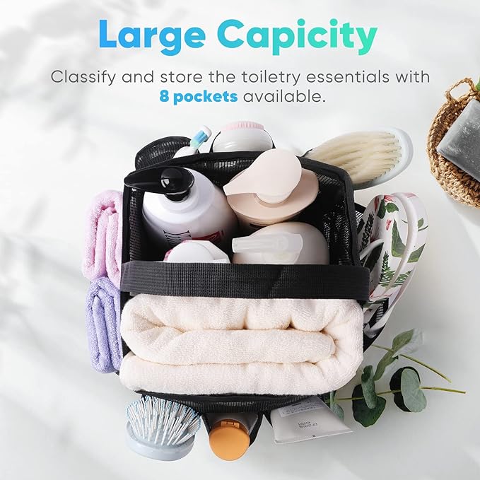 EUDELE Mesh Shower Caddy Portable for College Dorm Room Essentials, 8-Pocket Large Capacity Shower Bag for Beach, Swimming, Gym Pack