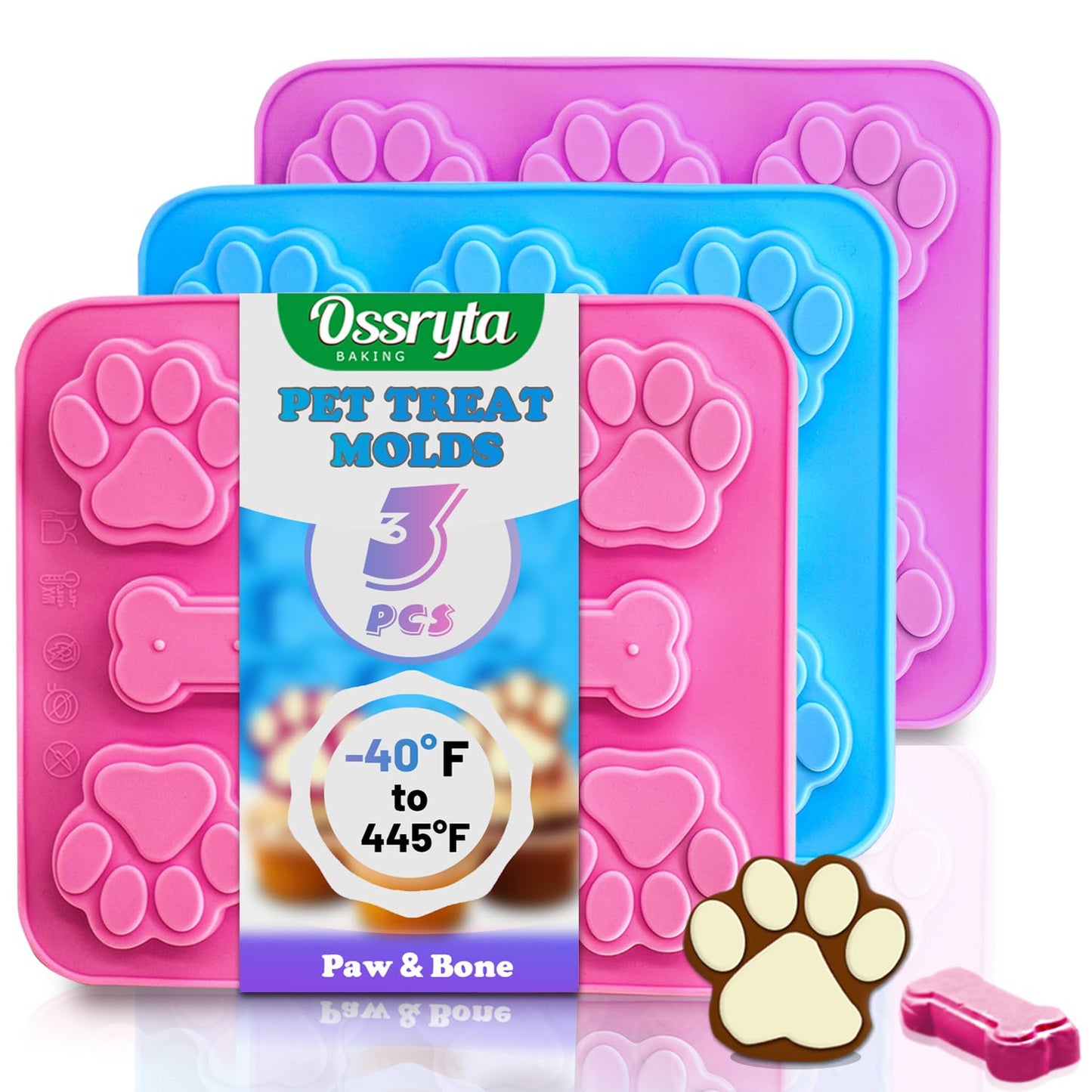 Ossryta 3Pcs Puppy Paw & Bone Silicone Molds - Non-Stick Candy Mold, Reusable Ice Cube Molds for Frozen Dog Treats, Chocolate, Jelly, Biscuit - Food Grade 2-in-1 Dog Treat Mold for Baking and Freezing
