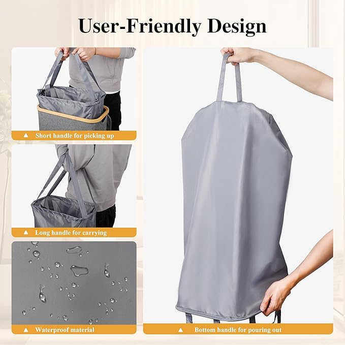 Slim Laundry Hamper, 60L Waterproof Narrow Laundry Basket with Lid and Removable Bag, Collapsible Tall Clothes Hamper with Bamboo Handles for Clothes Toys in Dorm Bedroom Bathroom, Grey
