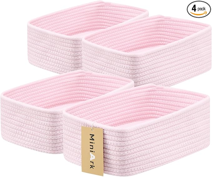 Small Storage Baskets for Organizing | Closet Organizer Bins | Shelf Toy Basket | Woven Rope Baskets | Cube Decorative Box | Shallow Basket | 11.5x7.5x4.7” | 4 Packs Light Pink