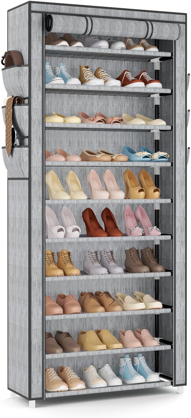 VTRIN Vertical Narrow Shoe Rack Organizer Tall Shoe Rack for Closet Entryway 10 Tier Non-Woven Cover Shoe Shelf Holds 36-41 Pairs Free Standing Shoe Storage Cabinet with Dustproof Cover, Multi Color