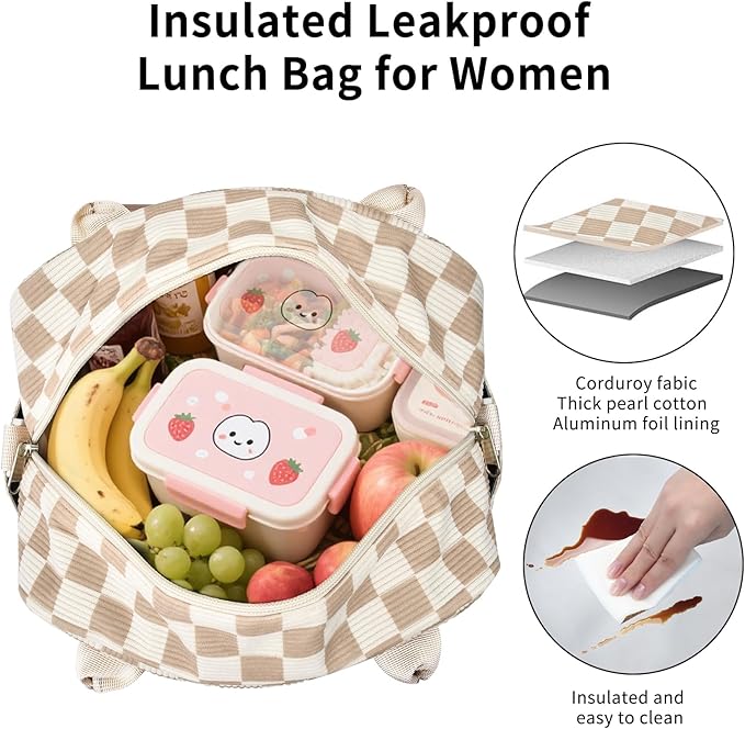 Lunch Bag Women Lunch Box for Women Adult Cute Insulated Lunch Bag Lager Cooler Lunch Tote Bags for Work Picnic (Beige-Brown Plaid)