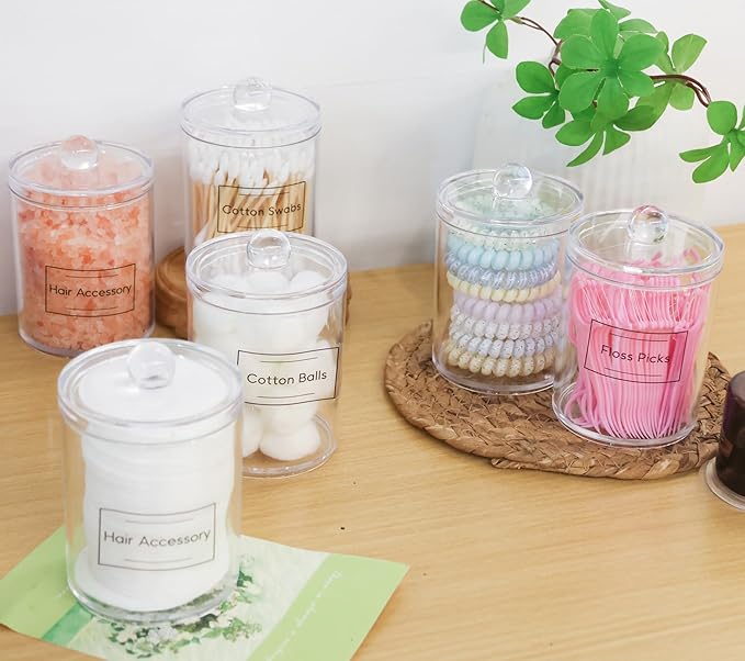 3 Pack Plastic Cotton Swab Ball Pad Holder,Acrylic Qtip Holder,Bathroom Canisters Apothecary Jar Set, 10 oz