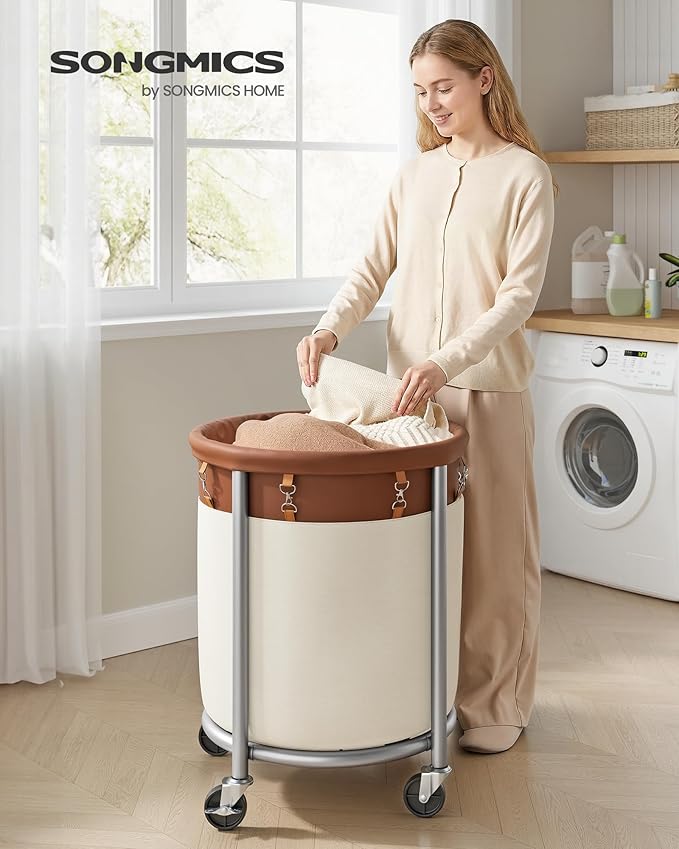 SONGMICS 29-Gallon (110 L) Laundry Basket with Wheels, Rolling Round Heavy-Duty Laundry Hamper Cart with Steel Frame and Removable Bag, 2 Locking Wheels, Coffee Brown and Cream White URLS002KQ02