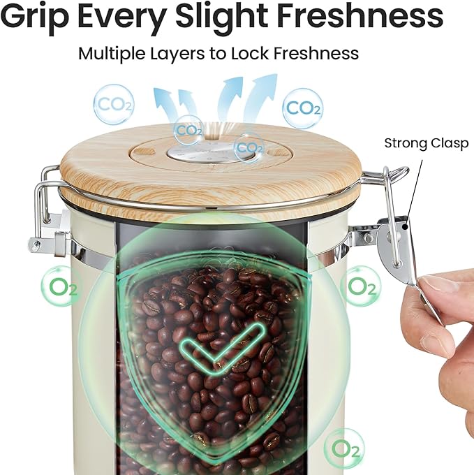 Veken Coffee Canister, Airtight Stainless Steel Kitchen Food Storage Container with Date Tracker and Scoop for Beans, Grounds, Tea, Flour, Cereal, Sugar, Cookie, 16OZ, Cream