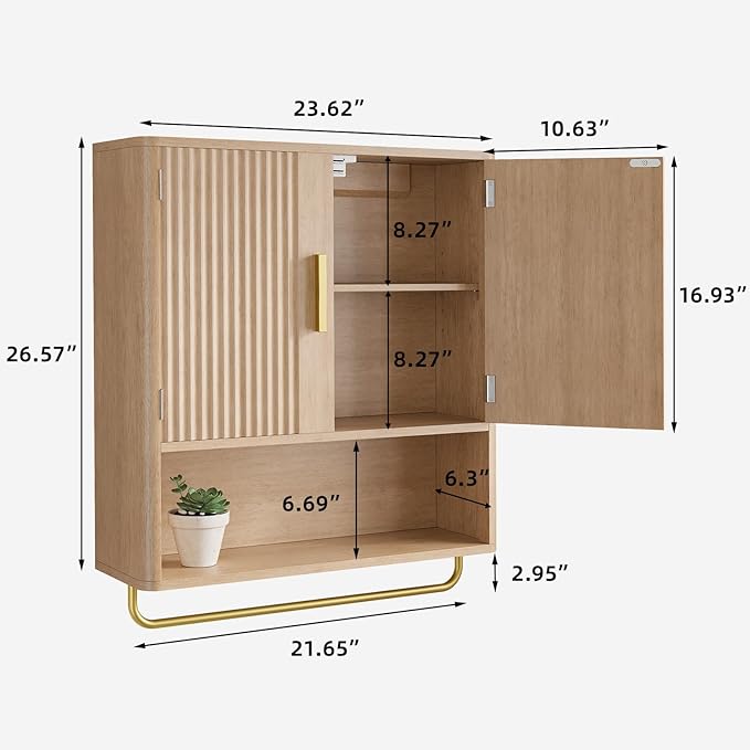 Bathroom Cabinet Wall Mount with Fluted Door Panel & Adjustable Shelf, Medicine Cabinet with Open Partition and Towel Bar, Wall Storage Cabinet for Laundry Room & Kitchen (Natural Oak)