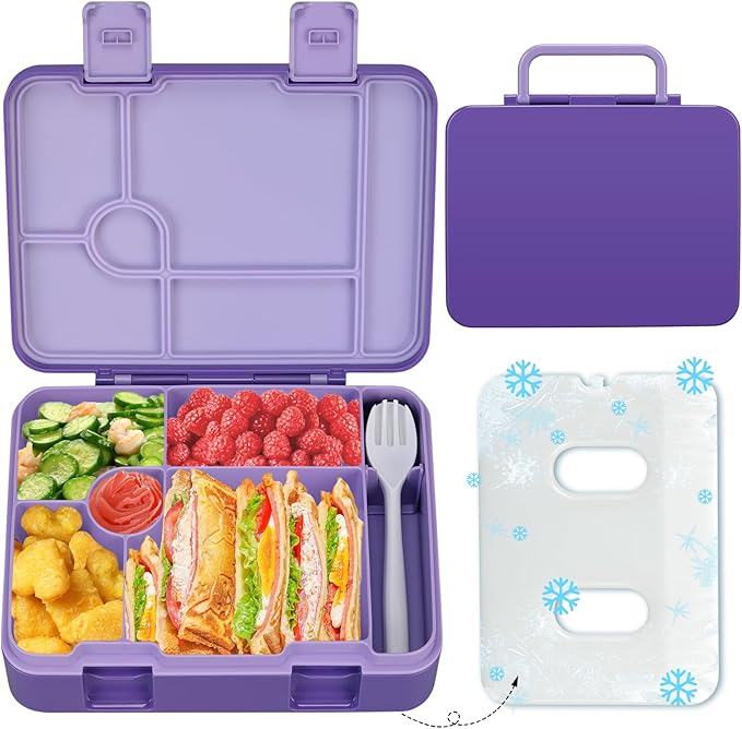 Kids Bento Lunch Box with Ice Pack, 5 Compartments Leak-Proof Bento Box with Utensils, 5.5-Cup Capacity for Adults & Ages 8+, BPA Free, Microwave & Dishwasher Safe, Pink