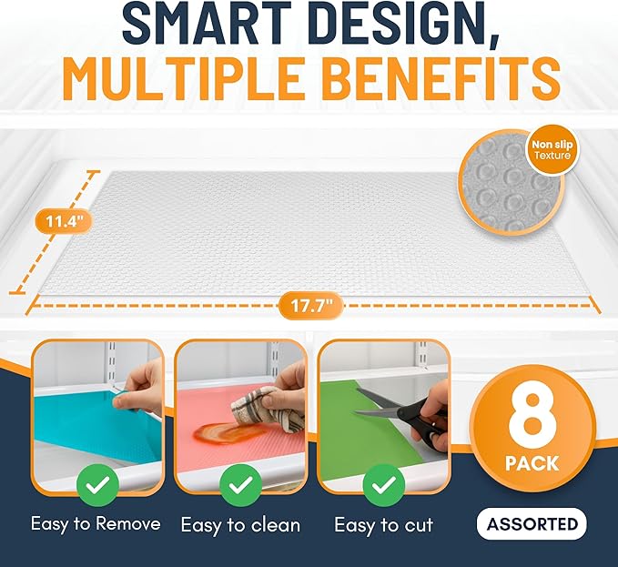 Refrigerator Liners for Shelves (8 Pack) by Linda’s Essentials - Non-Adhesive Shelf or Drawer Liner, BPA-Free Fridge Mats for Kitchen & Cabinets, Easy to Clean, Ideal Household Essentials(Multi Color)