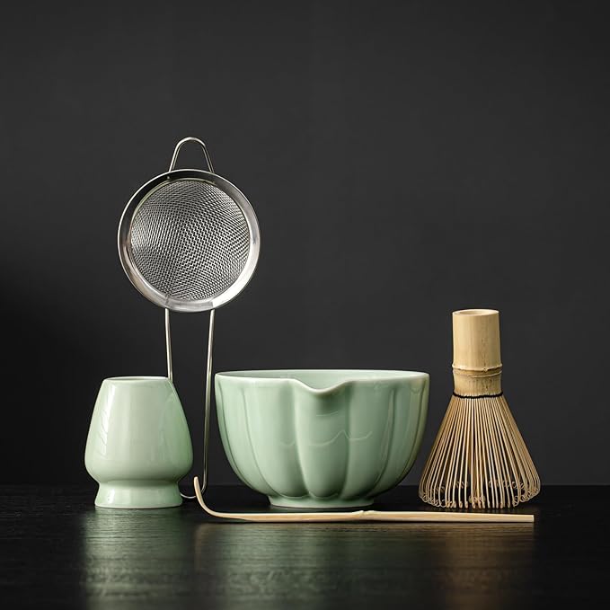SFTXEY Matcha Whisk Set, Matcha Set Includes Ceramic Matcha Bowl, Bamboo Whisk, Scoop, Chasen Holder, Sifter, 5 Pcs Perfect Matcha Kit for Matcha Lover (Mottled Green)