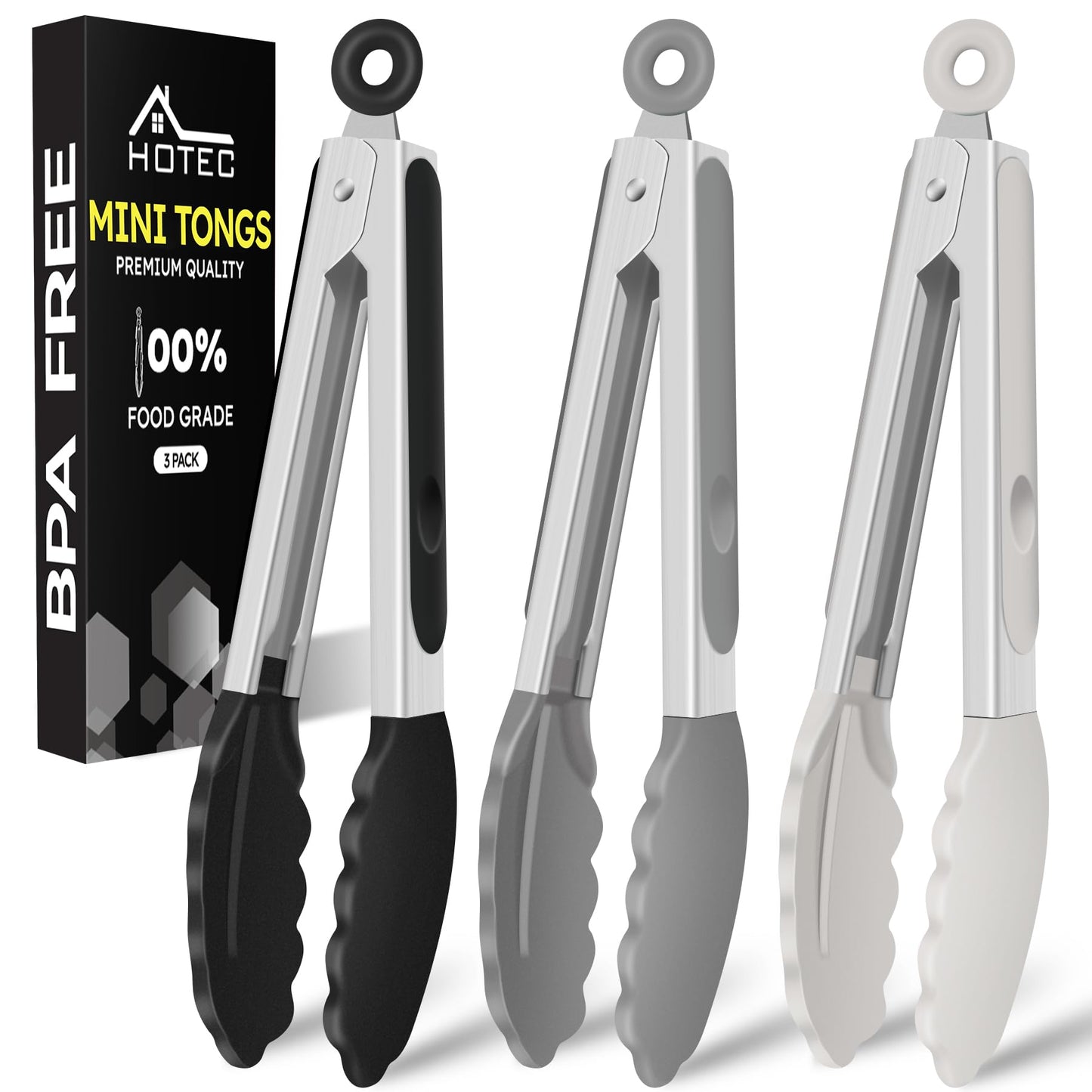 Hotec 7-Inch Mini Silicone Kitchen Tongs, Heat Resistant Non-Stick Small Serving Tongs with Silicone Tips, Food Safe Cooking Tongs Set of 3 (Black, Grey, White)