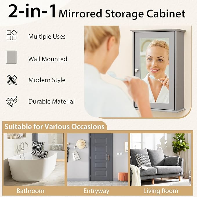 Tangkula Bathroom Medicine Cabinet with Mirror, Wall Mounted Single Mirror Door Storage Cabinet w/Adjustable Shelf, Wall Cabinet w/Reversible Door for Bathroom Living Room Hallway (Grey)