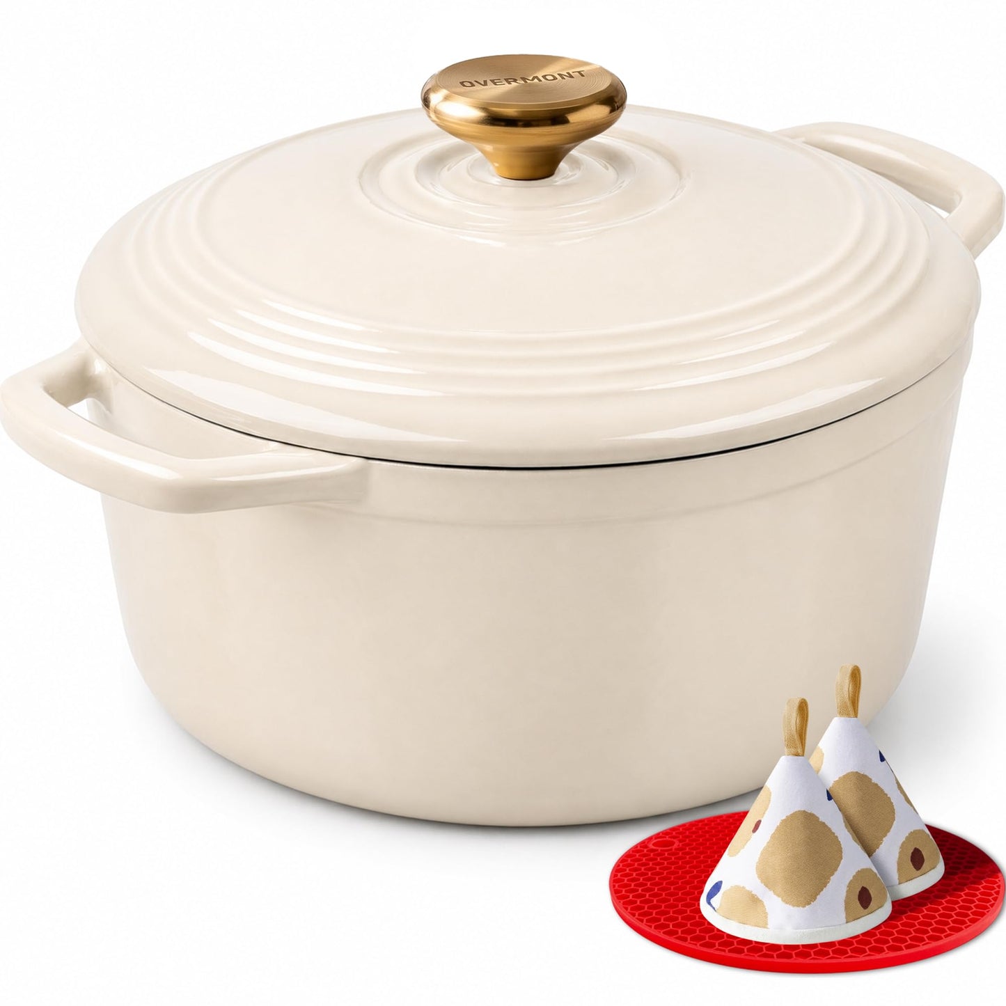 Overmont Enameled Cast Iron Dutch Oven - 5.5QT Pot with Lid Cookbook & Cotton Potholders - Heavy-Duty Cookware for Braising, Stews, Roasting, Sourdough Baking Verdant
