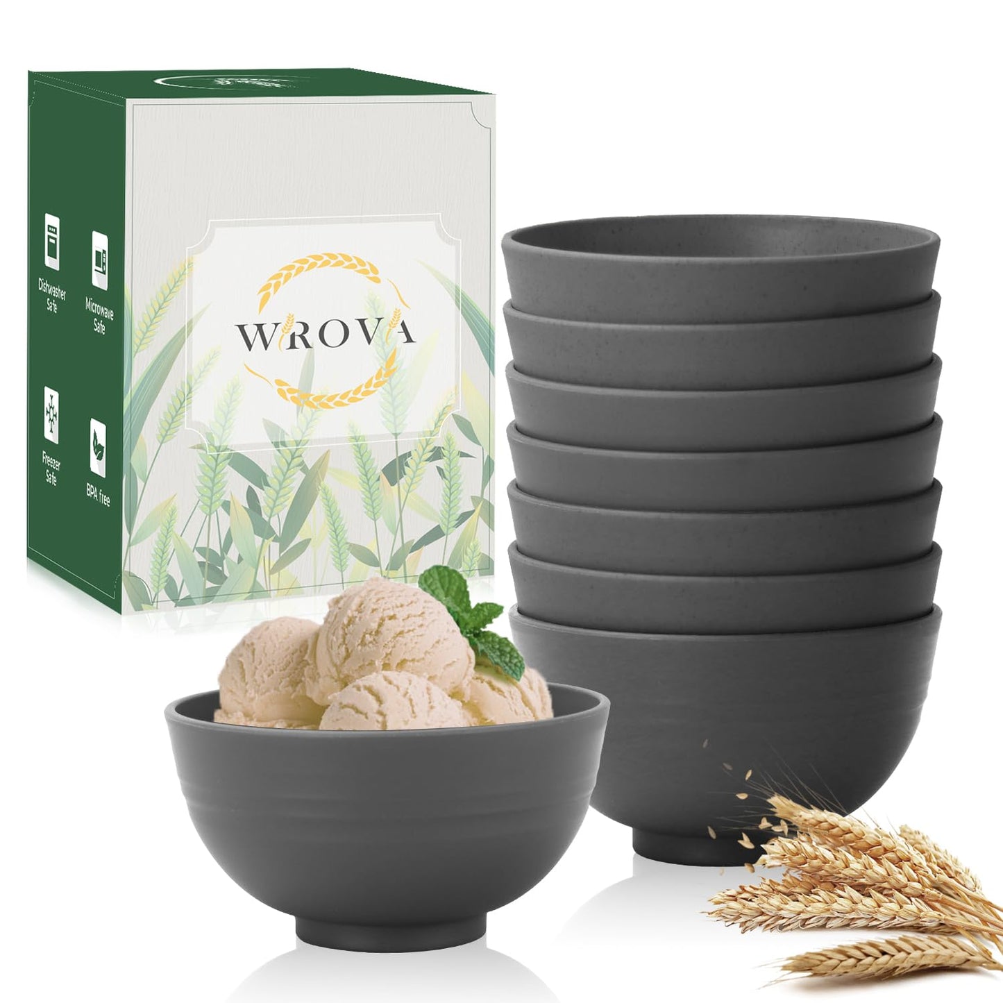 Wrova wheat straw small bowls 10oz set of 8 - Unbreakable Dessert Bowls for kids - Mini Bowl Sets for Ice Cream,Snack and Fruits - Microwave & Dishwasher Safe Appetizer Bowls (Deep Grey)