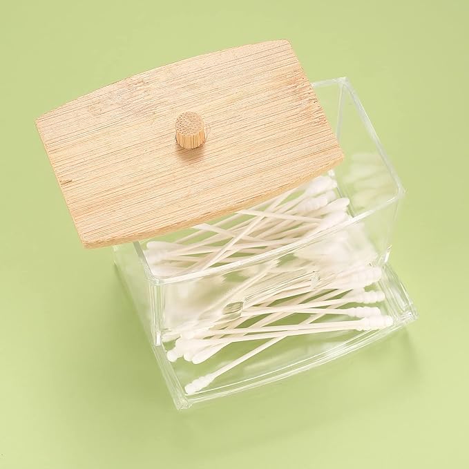2 Pcs Cotton Pad Holder, Bathroom Makeup Organizers Containers for Cotton Ball/Swab/Round Pads/Floss/Hair Ties Canister Vanity Storage Jars Dispenser Holder wuth Bamboo Lid