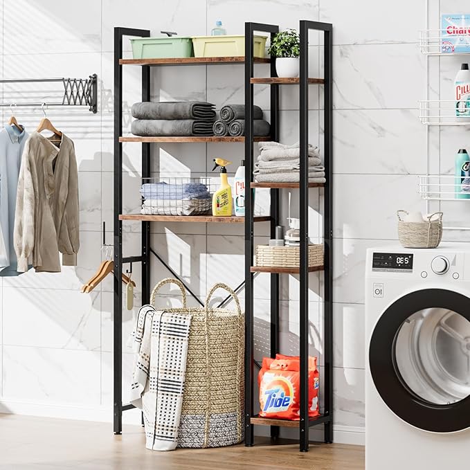 OTK Over The Toilet Storage with 7-Tier Bathroom Organizer Shelf, Freestanding Space Saver with Adjustable Feet & Hooks, Storage Rack for Bathroom, Restroom, Laundry, Rustic Brown