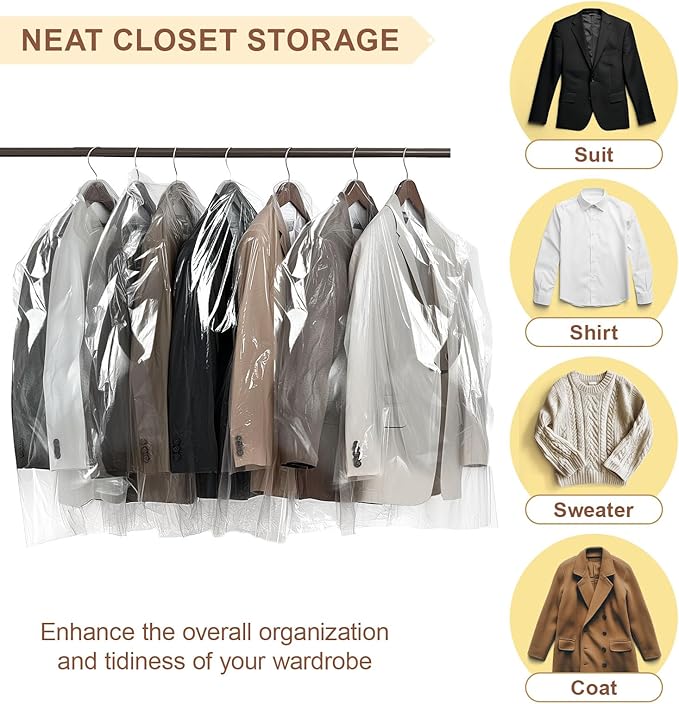 100 Pack Clear Garment Bags for Clothes, Gretchin,(Set of 100, 60x90cm), Plastic Garment Bags Dry Cleaner Bags Plastic Clear Dry Cleaning Bags for Hanging Clothes Storage