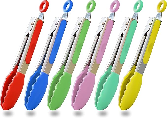 HINMAY Small Silicone Tongs 7-Inch Mini Serving Tongs, Set of 3 (Black Gray White)