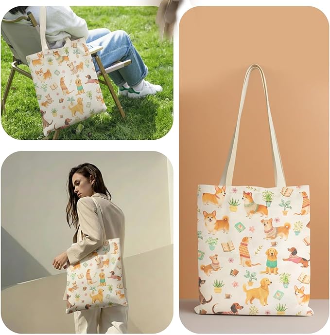 MOLOVA 1-PACK Reusable Grocery Shopping Bag, Cute Dog Pattern Canvas Tote Bag with Magnetic Snap Closure and Zipper Inner Pocket