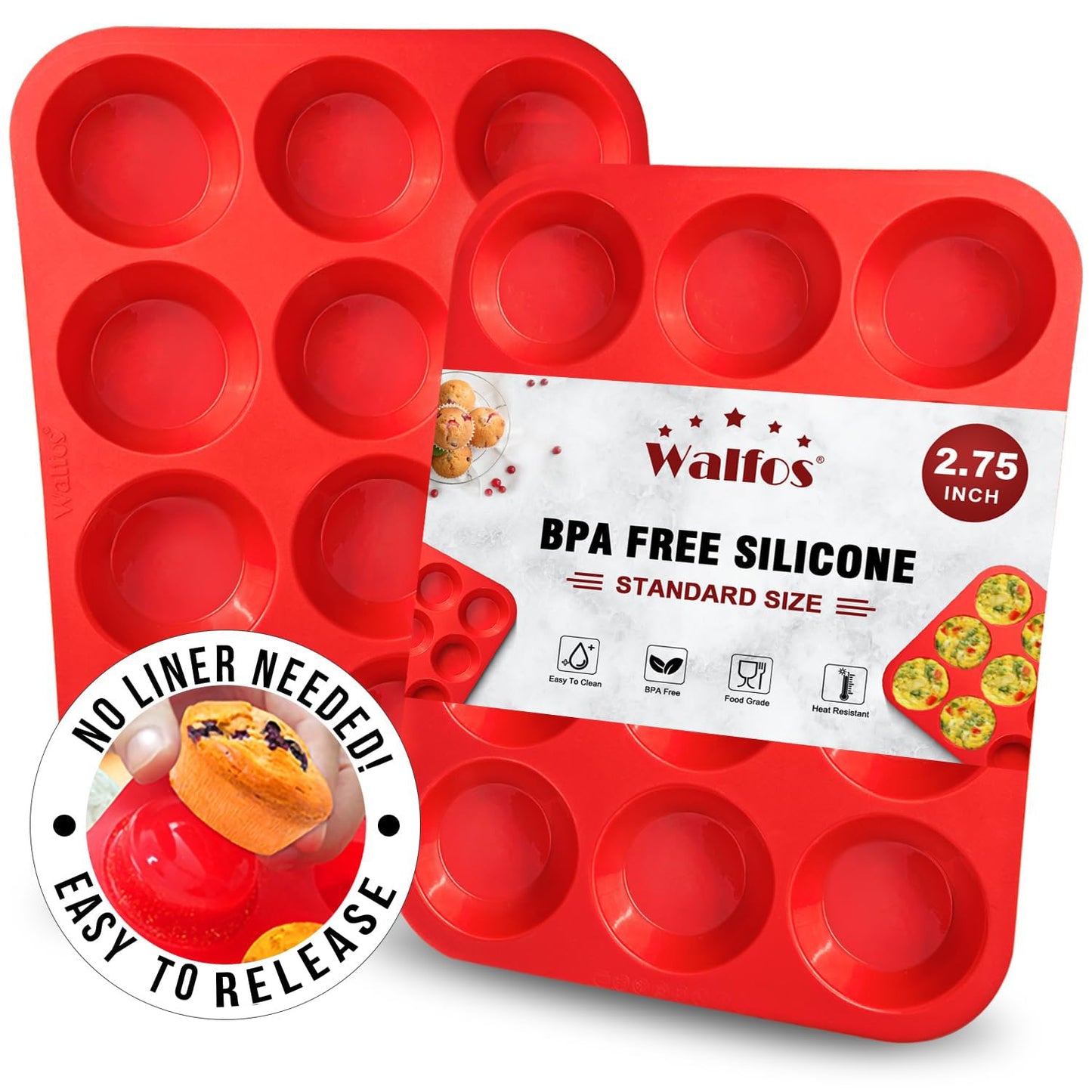Walfos Silicone Muffin Pan - 12 Cups Regular Silicone Cupcake Pan, Non-stick Great for Making Muffin Cakes, Tart, Bread - BPA Free and Dishwasher Safe