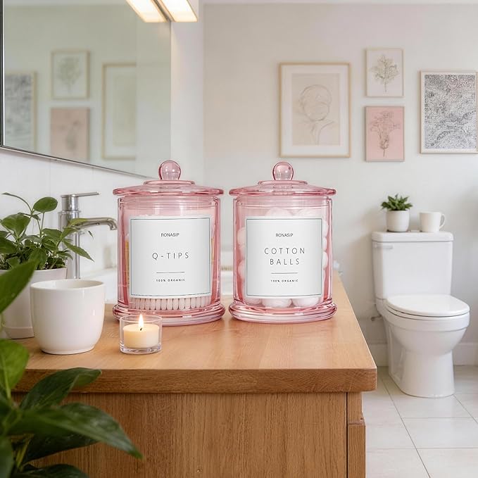 Qtip Holder & Cotton Pad Dispenser, Bathroom Organizer and Storage Canisters, 16oz Glass Apothecary Jars for Kitchen, Restroom - Home Decor Accessories, Room Decor Aesthetic (2 Pack, Pink)