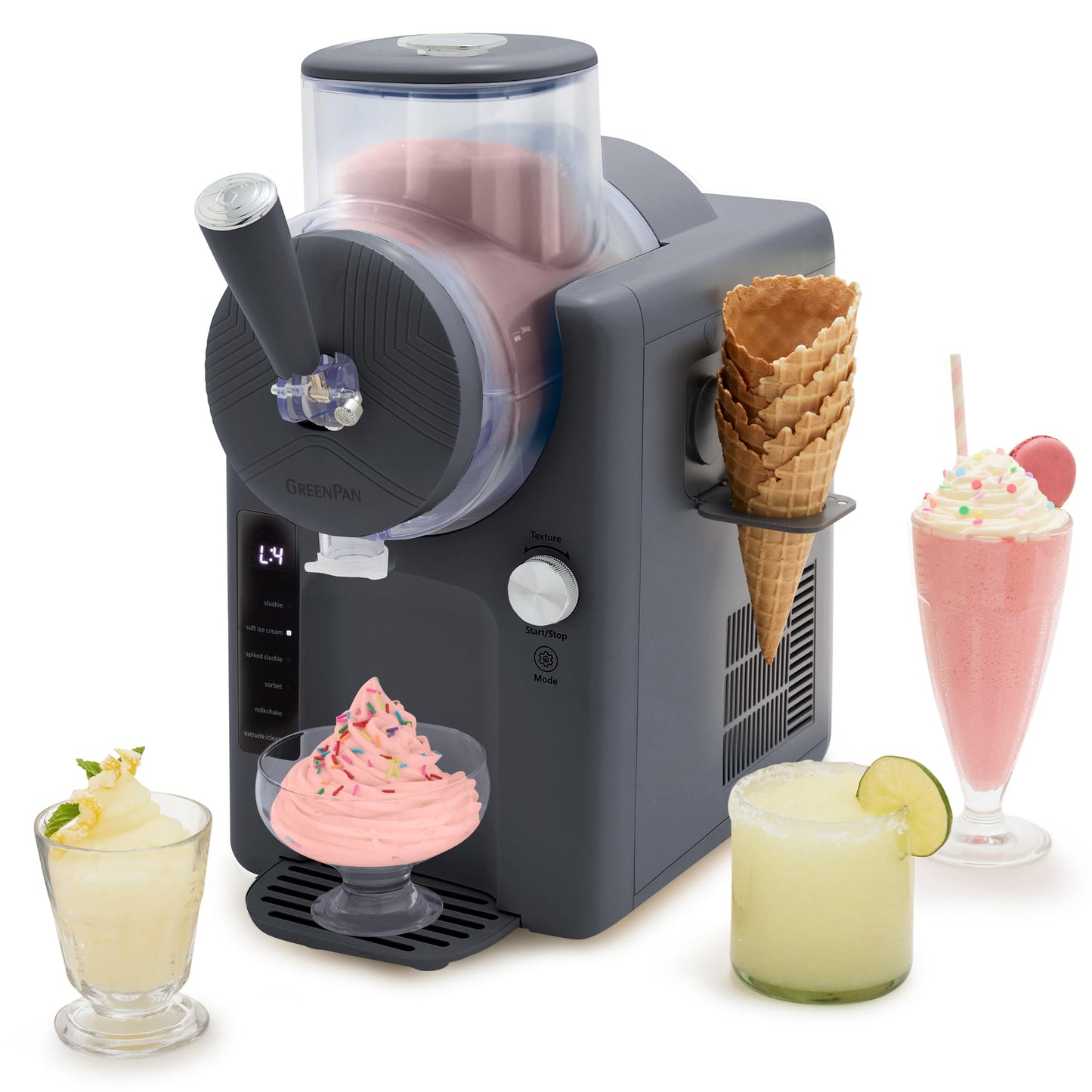 GreenPan Frost Ice Cream Maker & Slushie Machine, Soft Serve, Sorbet, Margaritas, Milkshakes, Frozen Yogurt, No Pre-Freezing, Ready in 15 Mins, 6 Modes, 7 Textures, Self-Cleaning, Family Size, Green