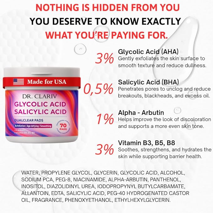 Glycolic Acid Pads for Face – Exfoliating Pads with Salicylic Acid, Niacinamide (B3), Alpha Arbutin, Vitamin B5 & B8 – Toner Pad for Clear Pores, Improve Texture, Even Skin Tone – 70 Count
