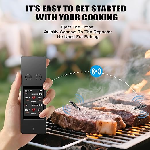 KylosTherm Bluetooth Wireless Meat Thermometer, No App Needed, 800FT Range, Dual Ultra-Thin Probes, IP67 Waterproof, HD Touch Screen - Perfect for BBQ, Grill, Oven, Smoker & Kitchen Cooking