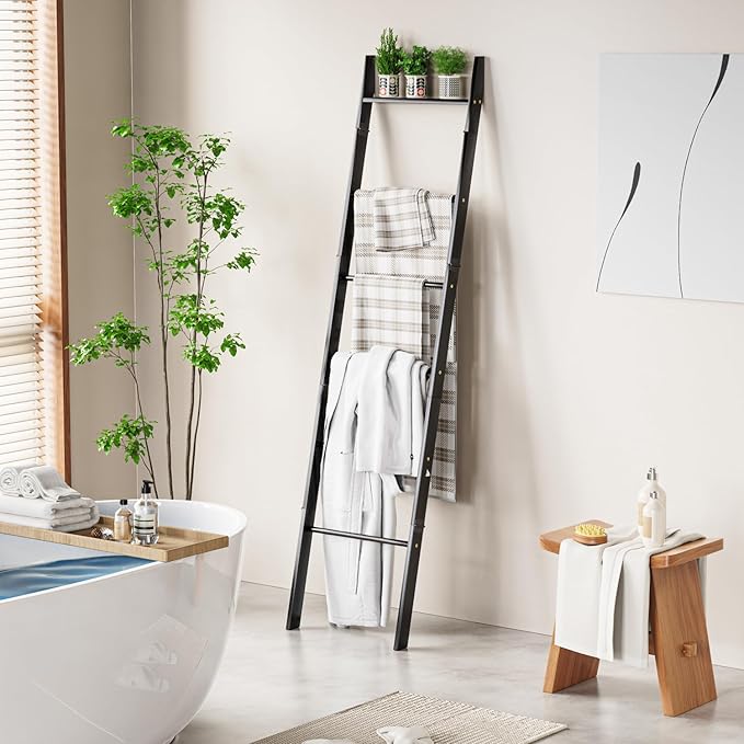 BAMBANG 6-Tier Blanket Ladder for Living Room, Blanket Quilt Ladder Rack Rustic Decorative Towel Holder, Wall Leaning Blanket Ladder Shelf Storage Farmhouse Decor for Bedroom Bathroom, Black