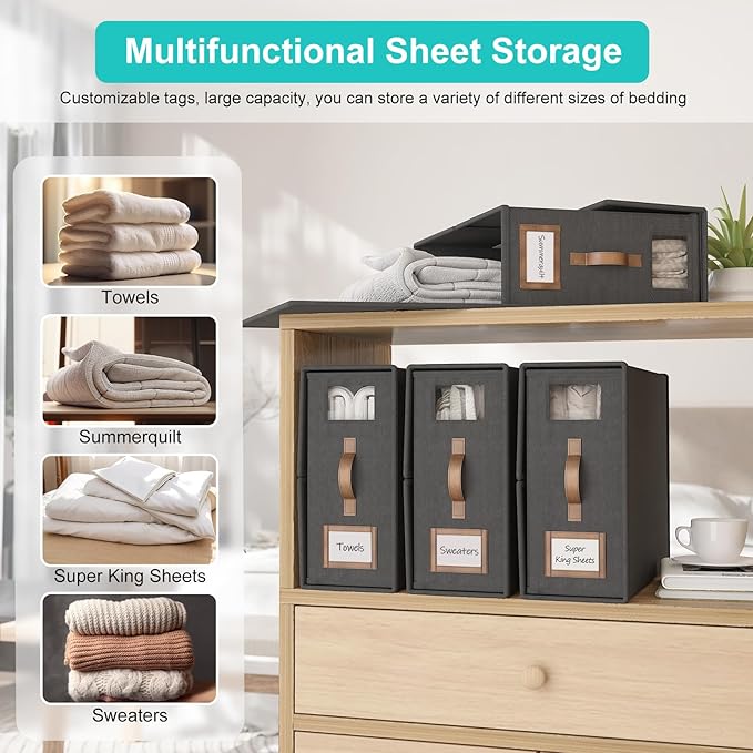 4 Pack Foldable Bed Sheets Set Organizers and Storage(Super King Size),Linen Fabric Closet Organizers with Window,Folding Bedding Storage Box for Bedsheets and Pillow Cube Organizer-Black