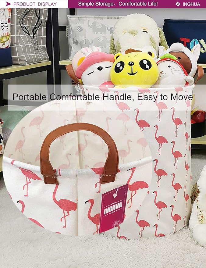 Laundry Hamper Large Canvas Fabric Lightweight Storage Basket/Toy Organizer/Dirty Clothes Collapsible Waterproof for College Dorms, Boys and Girls Bedroom,Bathroom(Flamingos)