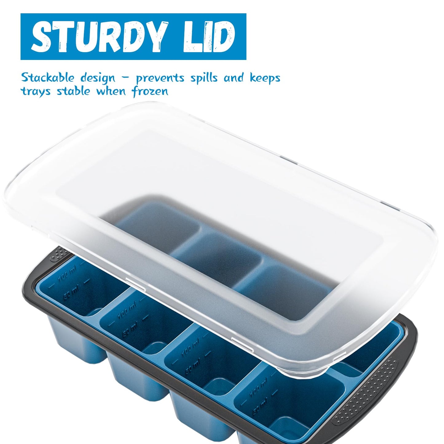 GORCI Ice Cube Tray For Freezer, 16 Large 1/2 Cub Cubes, Silicone Ice Trays For Freezer With Lid, Heavy-duty, Sturdy and Easy to Demold, Suitable for whisky, coffee, Herbs, Purees, 2-Pack