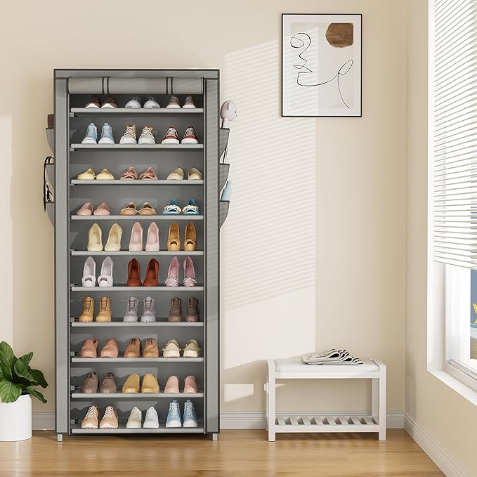 VTRIN Vertical Narrow Shoe Rack Organizer Tall Shoe Rack for Closet Entryway 10 Tier Non-Woven Cover Shoe Shelf Holds 36-41 Pairs Free Standing Shoe Storage Cabinet with Dustproof Cover, Grey