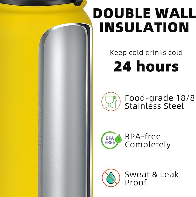 Fanhaw 24 oz Insulated Stainless Steel Water Bottle with Anti-Dust Chug Lid, Leakproof Vacuum Metal Bottle for Kids, Women & Men (Yellow)
