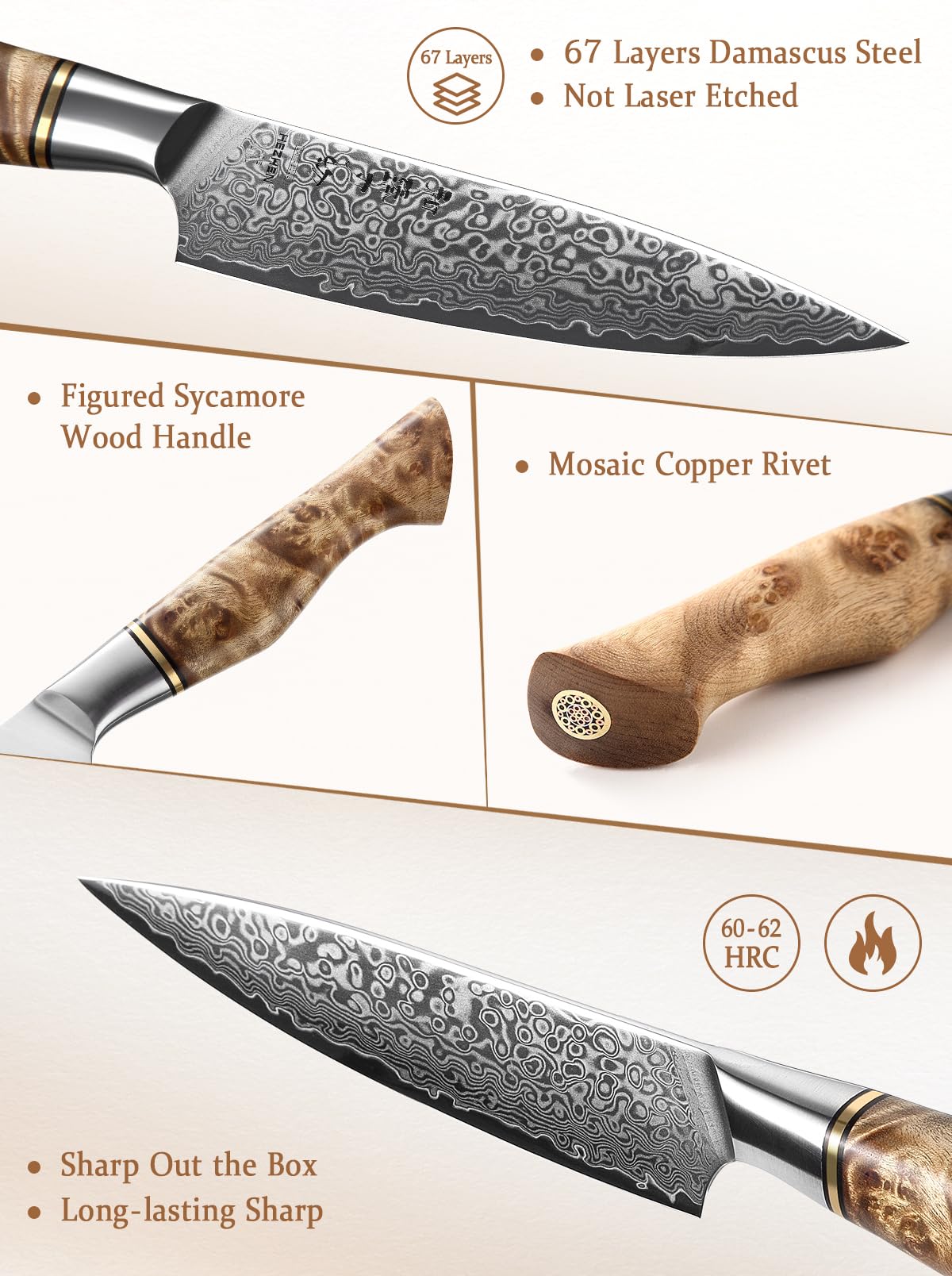 HEZHEN 8.3-Inch Bread Knife – 67 Layers Damascus Steel, Professional Serrated Slicer for Sourdough & Artisan Bread, Figured Sycamore Handle