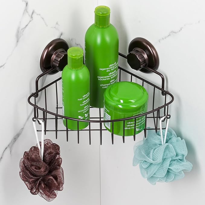 Suction Cup Corner Shower Caddy - 304 Stainless Steel Shower Shelf - Adhesive 3M Stick Discs Included - Bathroom Caddy with Hooks - No Drilling Bathtub Storage Organizer (Bronze)