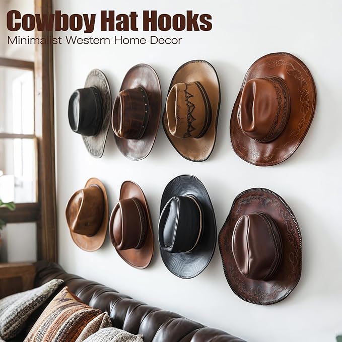 2.8 Inch Hat Hooks for Wall - (8 Pack) Cowboy Hat Rack, Strong Adhesive Cap Holder, Organizer for Baseball Caps, Western Room Decor - White