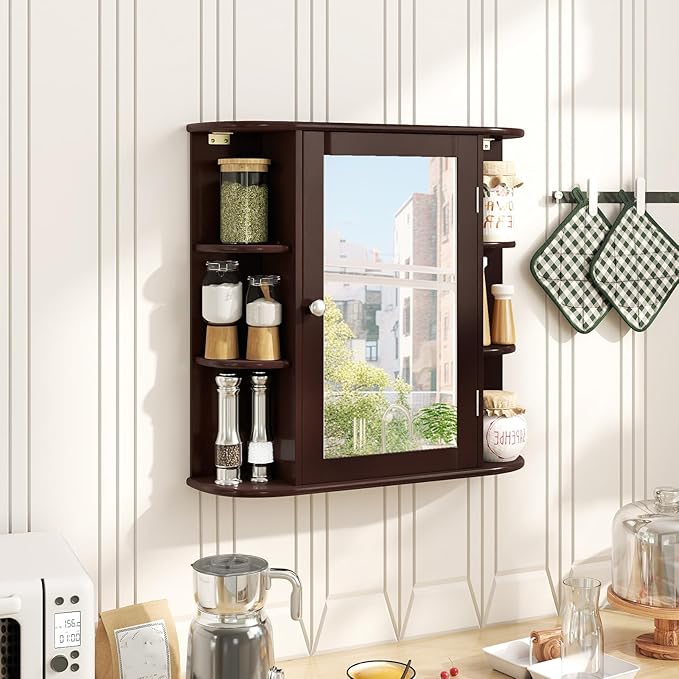 Tangkula Bathroom Medicine Cabinet with Mirror, Modern Wall Mounted Space-Saving Storage Organizer with Mirrored Door, 4 Internal Shelves & 6 Open Side Shelves, Bathroom Wall Cabinet (Coffee)