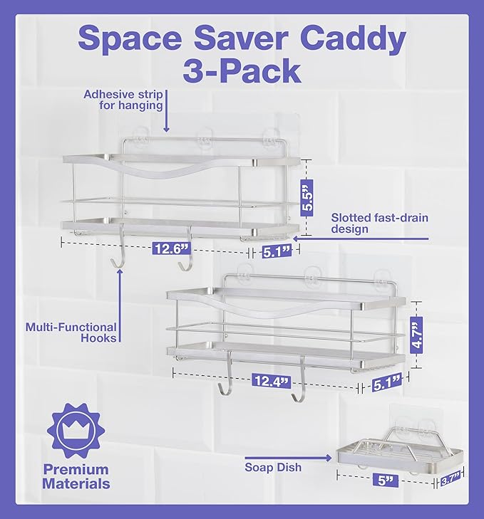 KINCMAX Shower Caddy and Soap Holder, Rustproof SUS304 Stainless Steel, Adhesive Wall Mount Double Baskets 3-pack with Hooks (Polished Silver)