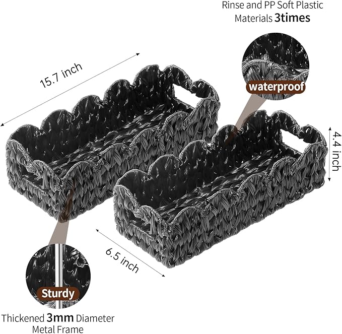 Balck Toilet Basket,Set of 2 Scalloped Wicker Basket with Built-in Handles,Long Back of Toilet Baskets for Shelf,Tank Topper,Countertop,Rectangle