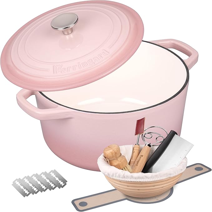 VORRINGARD Enameled Cast Iron Dutch Oven Pot with Lid, for Bread Baking, Round Bread Oven- include Sourdough Bread Baking Supplies Set, 4.5QT, Latte