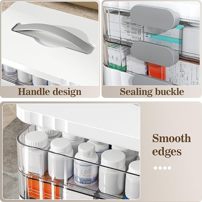 3-Tier Medicine Organizer - Portable Medicine Cabinet with Plastic Handle, Multipurpose Medical Box with Pill Box, Empty First Aid Kit for Home