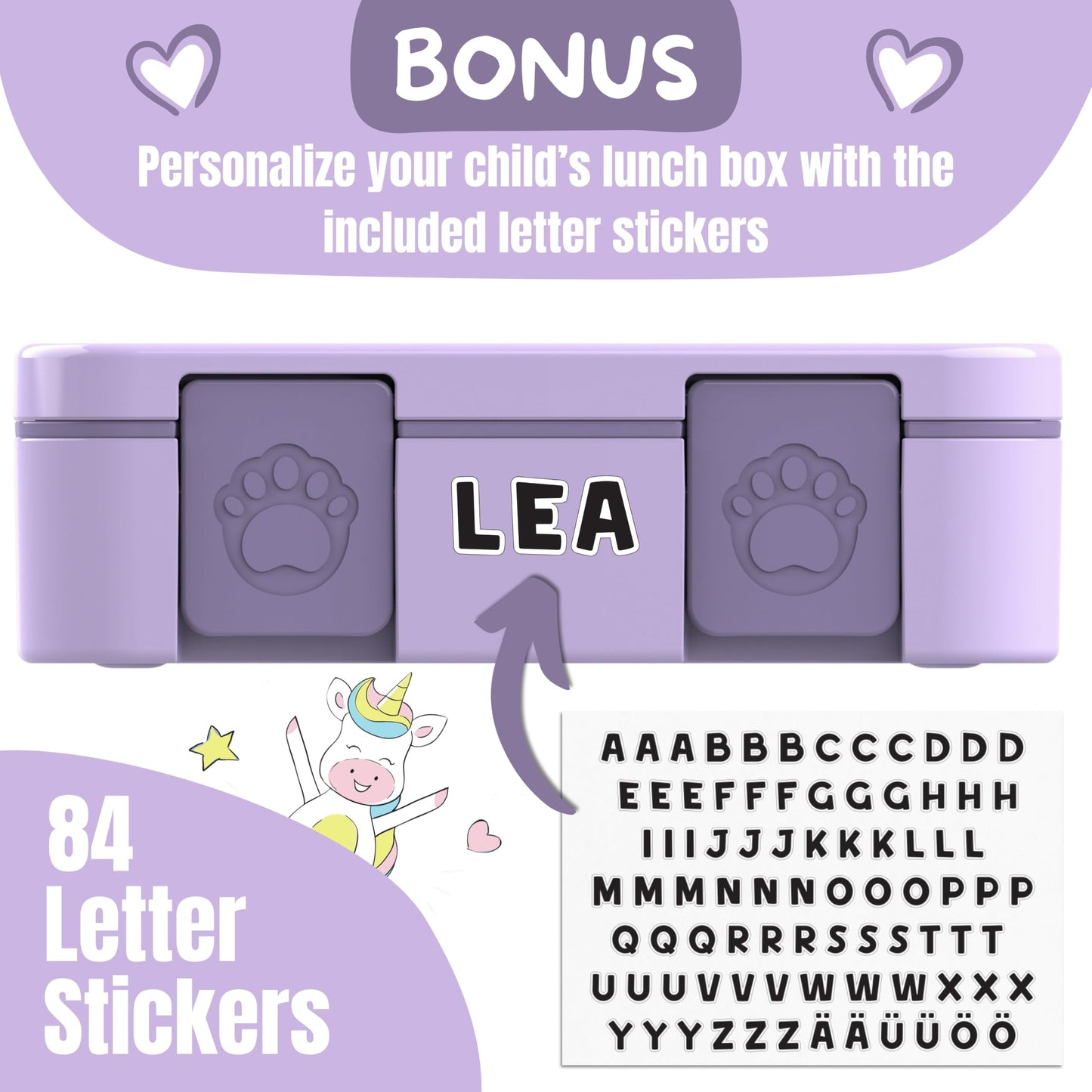 BEARFOOT Kids Lunch Box with Compartments – Compact & Lightweight | Leak-Proof, BPA-Free, Dishwasher Safe | Hand-Drawn Design for Preschool, School, Travel (Sticker Purple, 2.75 Cups)