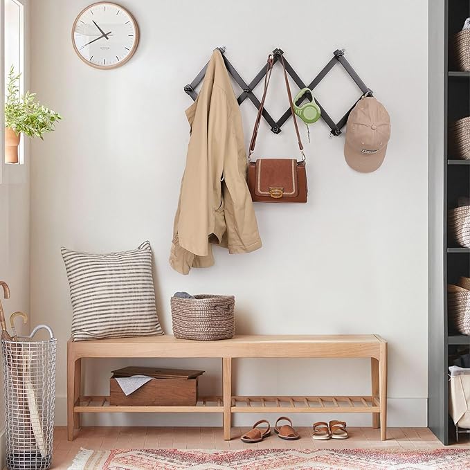 Wall Rack with 10 Hooks, Wooden Wall Expandable Coat Rack for Coat, Hats, Baseball Caps, Coffee Mug, Jewelry(Black)