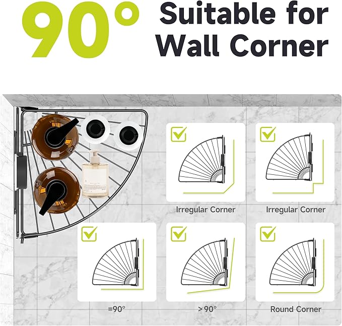 Shower Caddy Suction Cup, 2 Pack Suction Shower Shelf, NO-Drilling Bathroom Holder, Rustproof Bathroom Organizer for 90° Wall Corner, Black