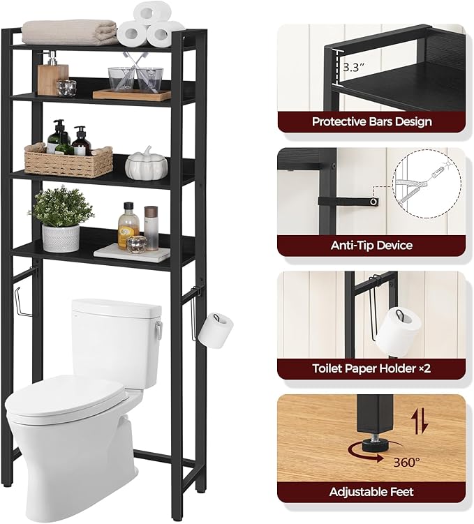 Over The Toilet Storage Rack, 4 Tier Bathroom Organizer Over Toilet, Freestanding Space Saver Toilet Stand with 2 Hooks, Bathroom Storage Shelf, Easy to Assemble, Black TSHB0401