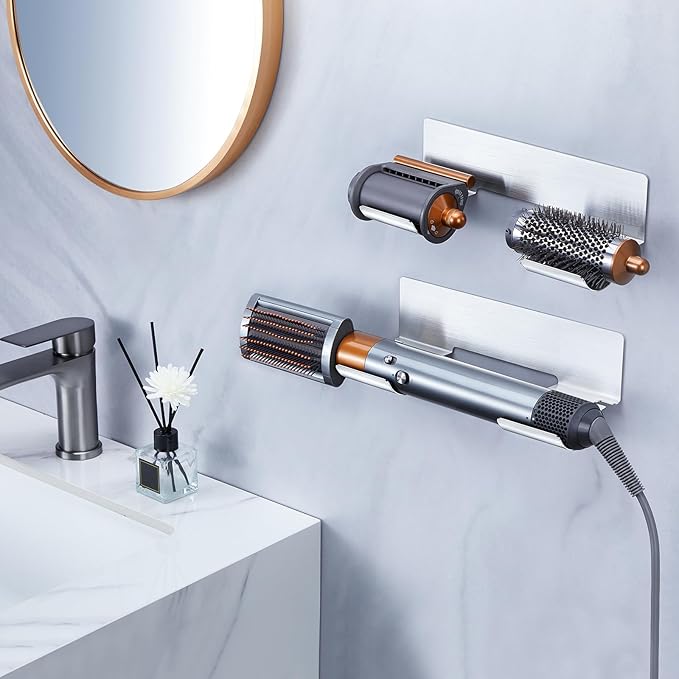 Hair Tool Organizer Wall Mount, Hair Dryer Holder for Curling Wands Accessories, Hair Straightener Holder, Styler Attachments Organizer, Adhesive Curling Iron Holder Storage, Stainless Steel