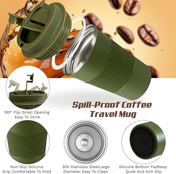 Vacuum-Insulated Stainless Steel Travel Coffee Mug, Leak-Proof Reusable Coffee Cup with Lid - Keep Hot & Cold Drinks for Hours, Durable Insulated Tumbler for Men & Women(3rd-Green, 17OZ)